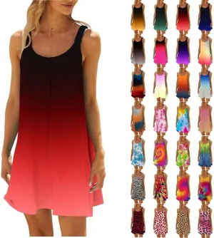 Boho Dresses for Women 2024 Printed Crewneck Sleeveless Sexy Mini Dress Beach Vacation Sundress Flowy Swing Cover Ups