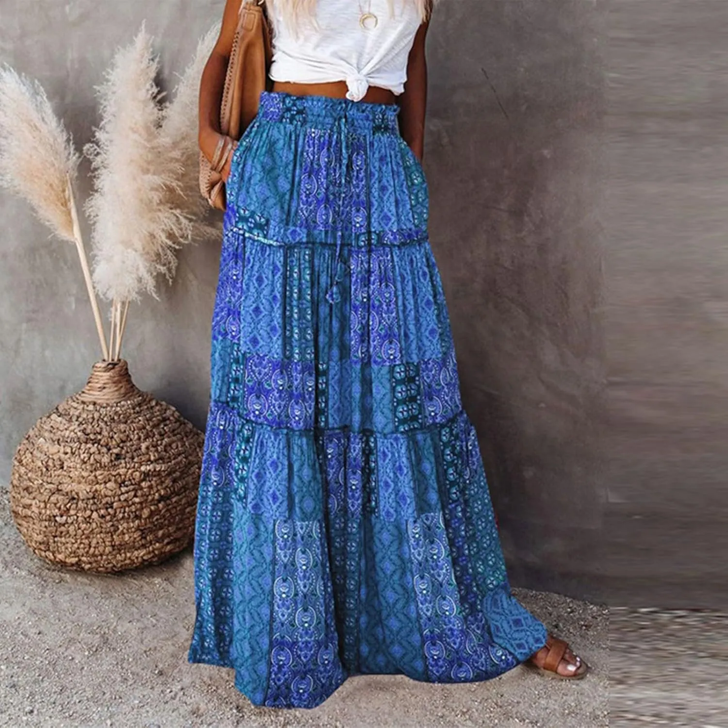 Boho Long Skirts for Women Summer Drawstring High Waisted Tiered Flowy Maxi Skirt Casual Beach Bohemian A-Line Skirt