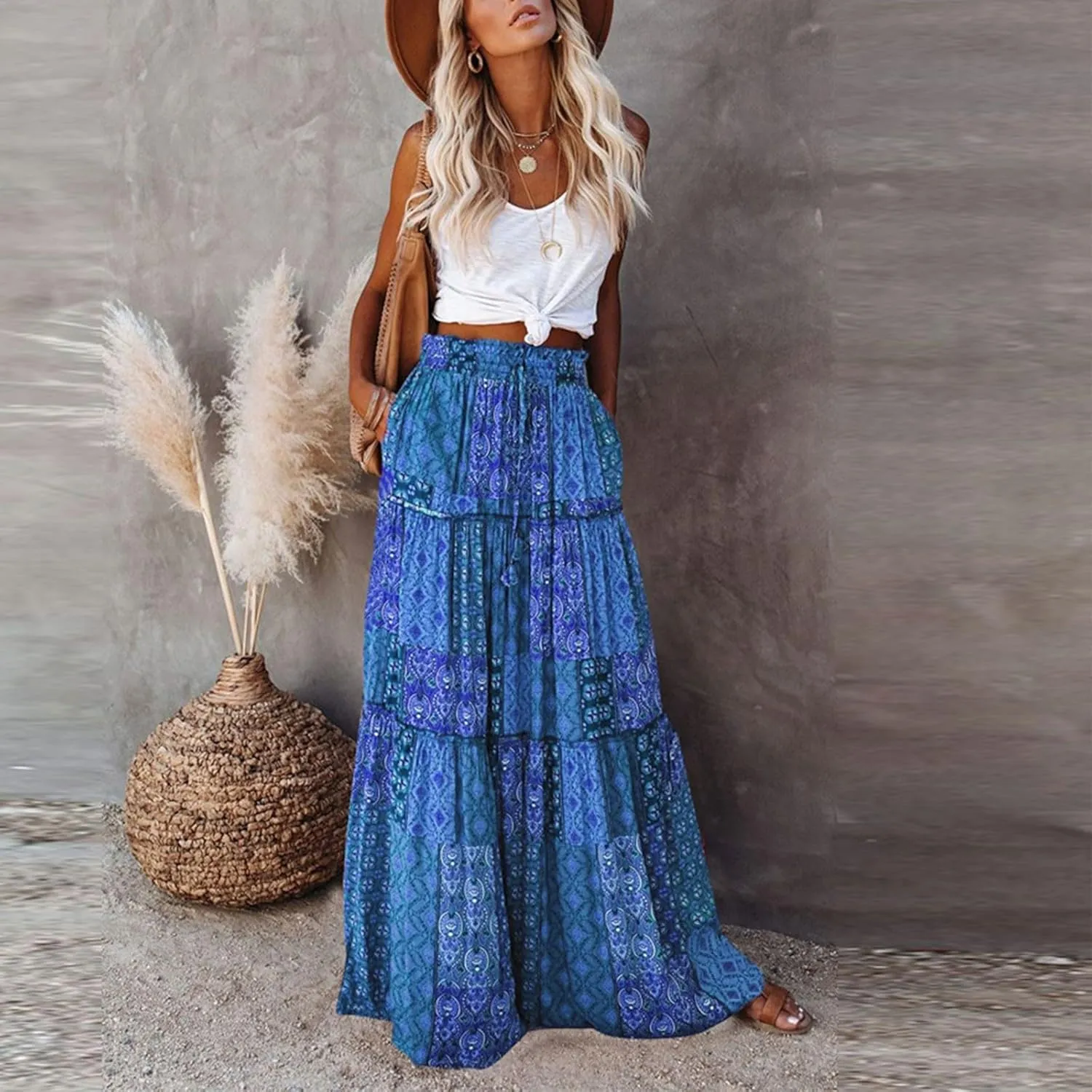 Boho Long Skirts for Women Summer Drawstring High Waisted Tiered Flowy Maxi Skirt Casual Beach Bohemian A-Line Skirt