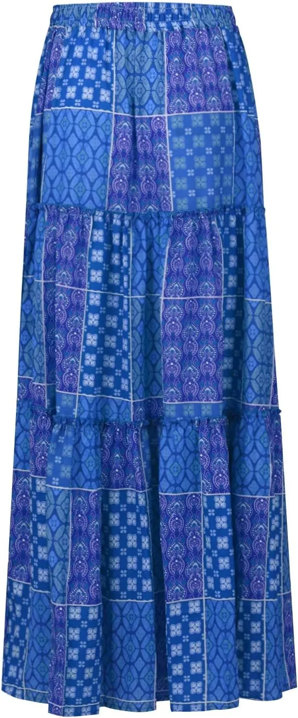 Boho Long Skirts for Women Summer Drawstring High Waisted Tiered Flowy Maxi Skirt Casual Beach Bohemian A-Line Skirt
