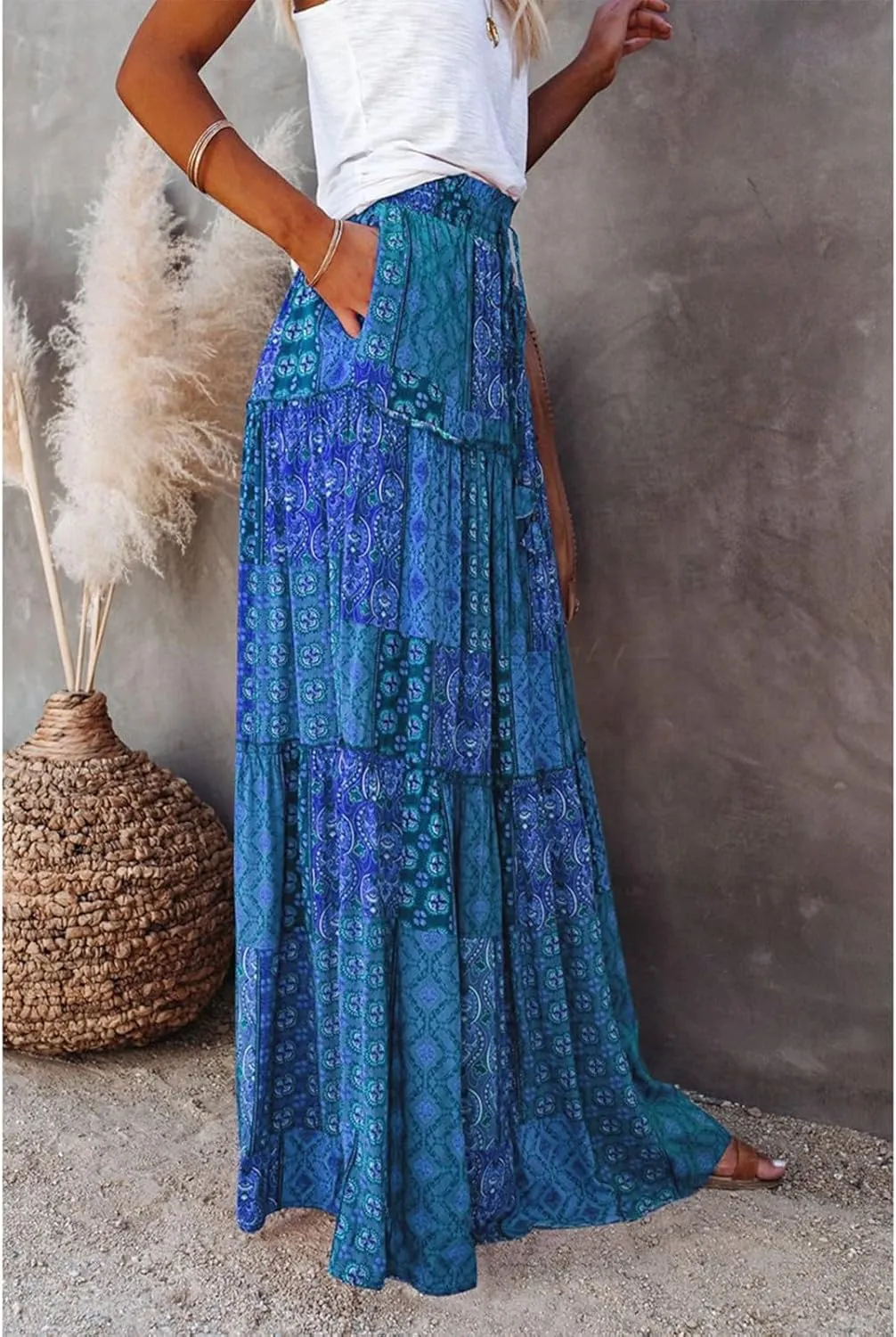 Boho Long Skirts for Women Summer Drawstring High Waisted Tiered Flowy Maxi Skirt Casual Beach Bohemian A-Line Skirt