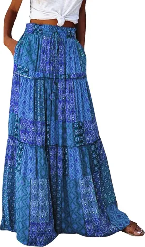 Boho Long Skirts for Women Summer Drawstring High Waisted Tiered Flowy Maxi Skirt Casual Beach Bohemian A-Line Skirt