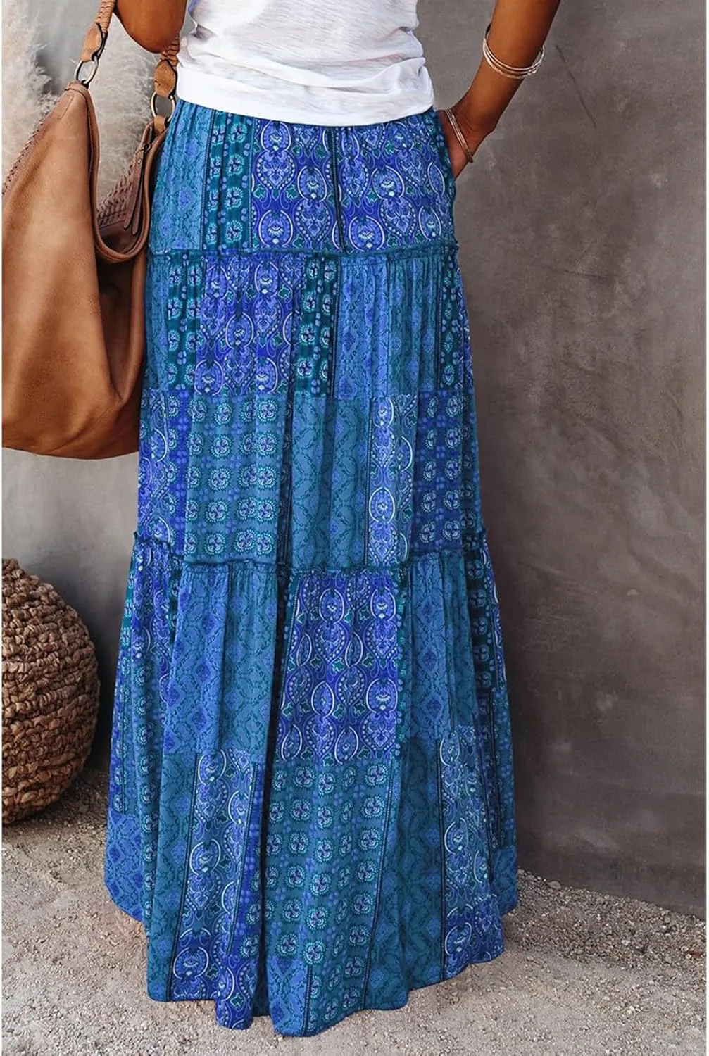 Boho Long Skirts for Women Summer Drawstring High Waisted Tiered Flowy Maxi Skirt Casual Beach Bohemian A-Line Skirt