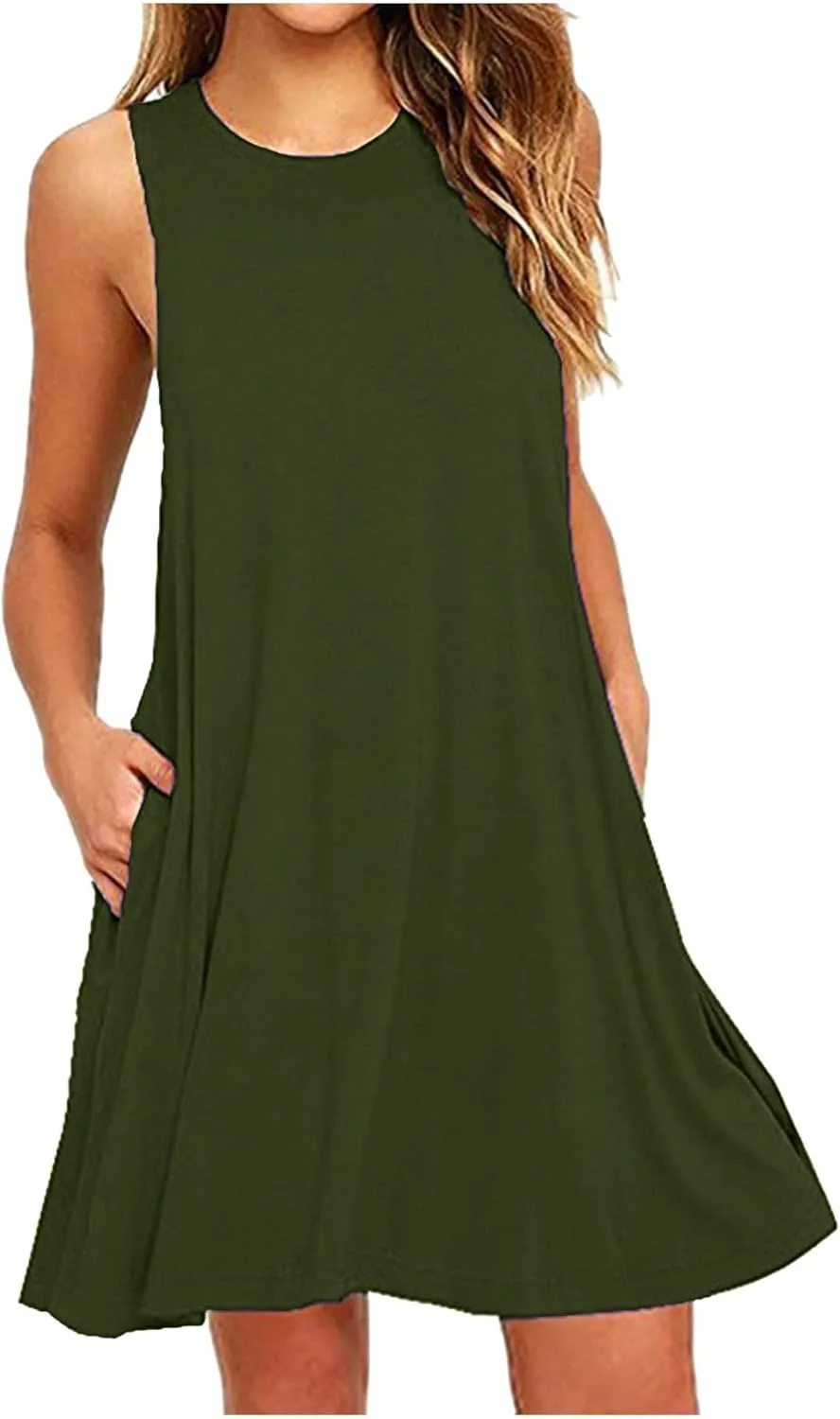 Borniu Summer Dresses for Women 2024 Casual Beach Sleeveless Tank Dress Crewneck Swing T Shirt Dresses Pockets Loose Sundress