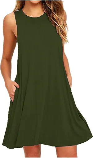 Borniu Summer Dresses for Women 2024 Casual Beach Sleeveless Tank Dress Crewneck Swing T Shirt Dresses Pockets Loose Sundress
