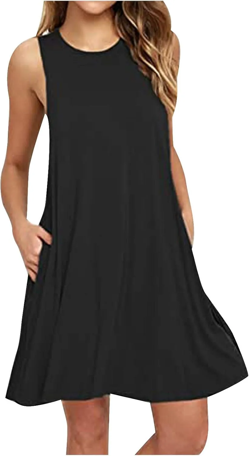 Borniu Summer Dresses for Women 2024 Casual Beach Sleeveless Tank Dress Crewneck Swing T Shirt Dresses Pockets Loose Sundress
