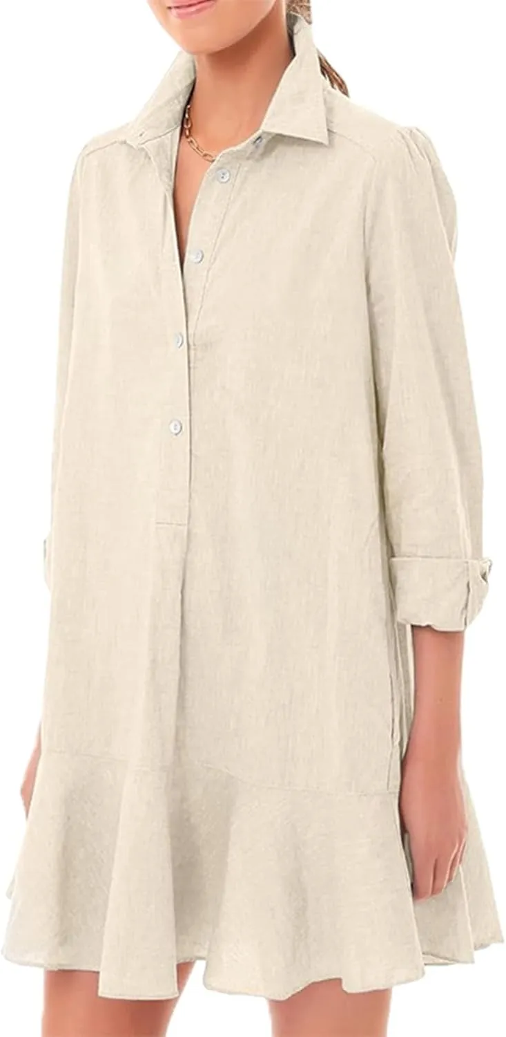 Button Down Shirt Dresses For Women 2025 Ruffle Flowy Casual Tunic Knee Length Mini Dresses Roll Up Sleeve Sundress