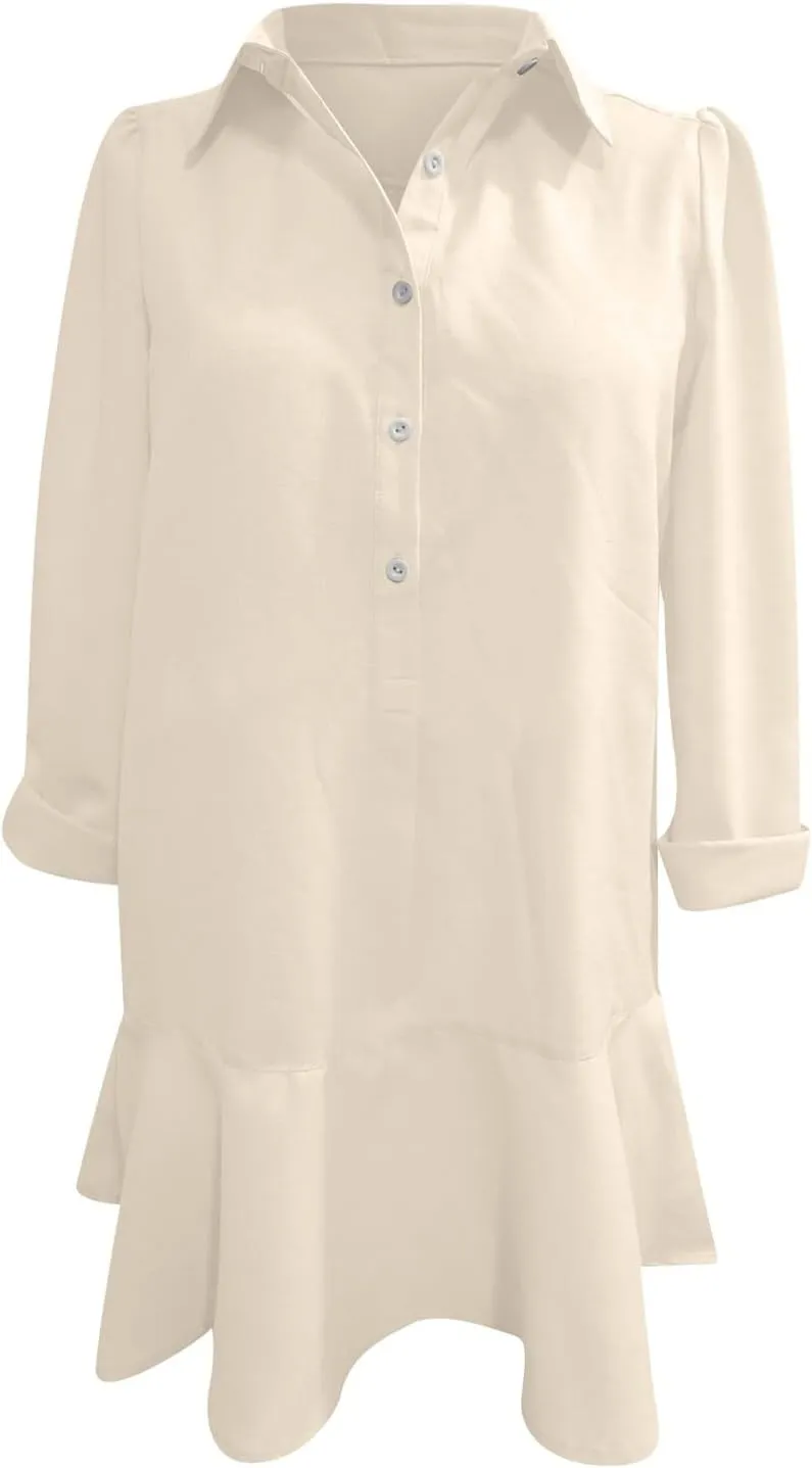 Button Down Shirt Dresses For Women 2025 Ruffle Flowy Casual Tunic Knee Length Mini Dresses Roll Up Sleeve Sundress
