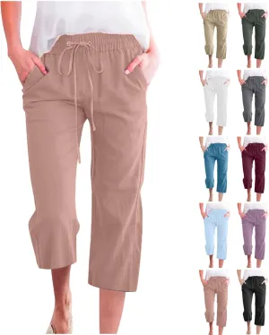 Capri Pants for Women Casual Summer Cotton Linen Capris Drawstring Elastic High Waist Pants Wide Leg Cropped Trouser 2025 New