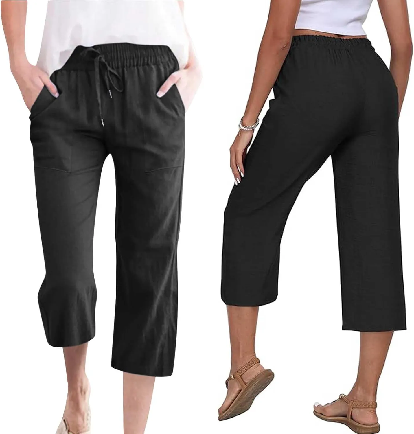Capri Pants for Women Casual Summer Cotton Linen Capris Drawstring Elastic High Waist Pants Wide Leg Cropped Trouser 2025 New
