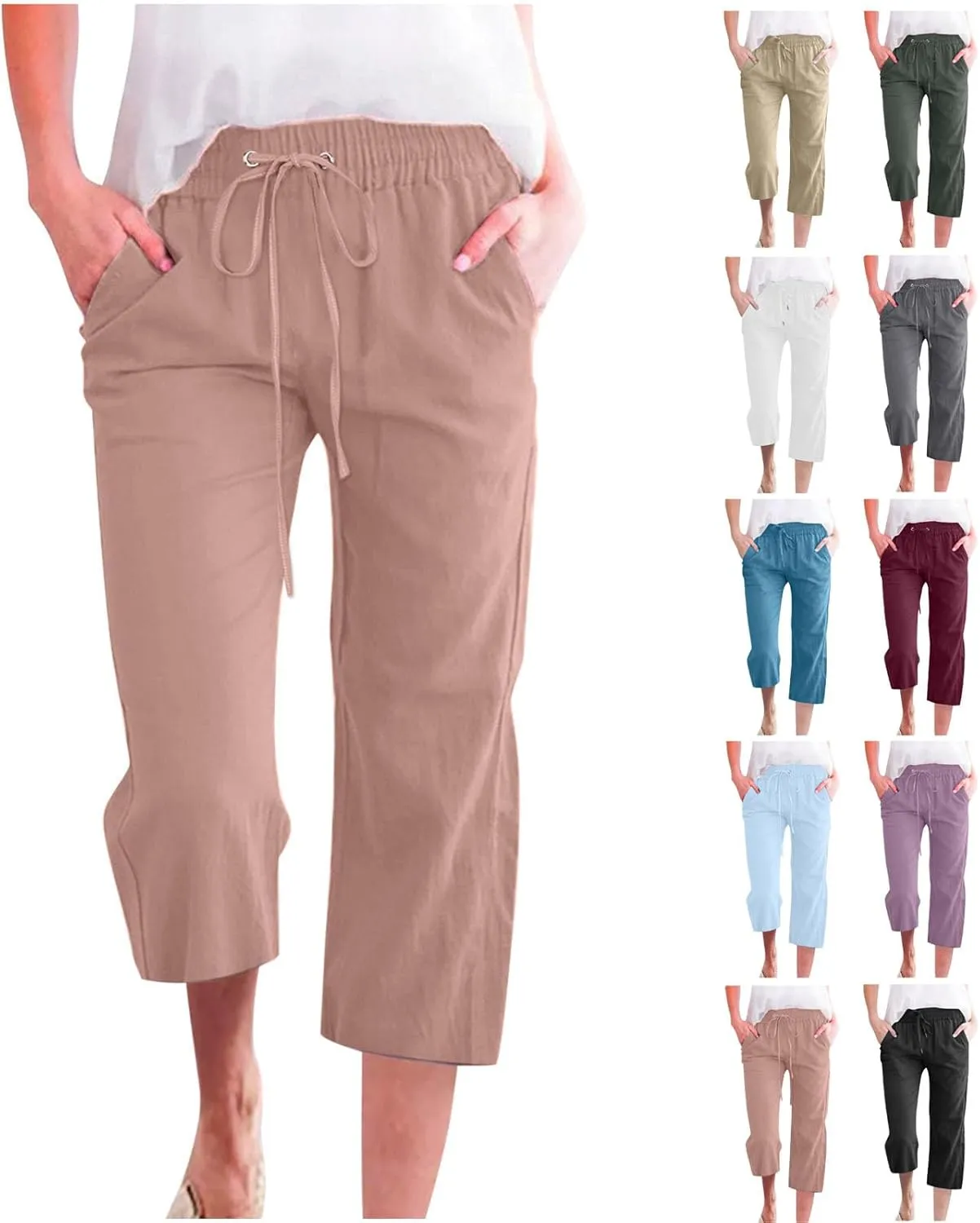 Capri Pants for Women Casual Summer Cotton Linen Capris Drawstring Elastic High Waist Pants Wide Leg Cropped Trouser 2025 New