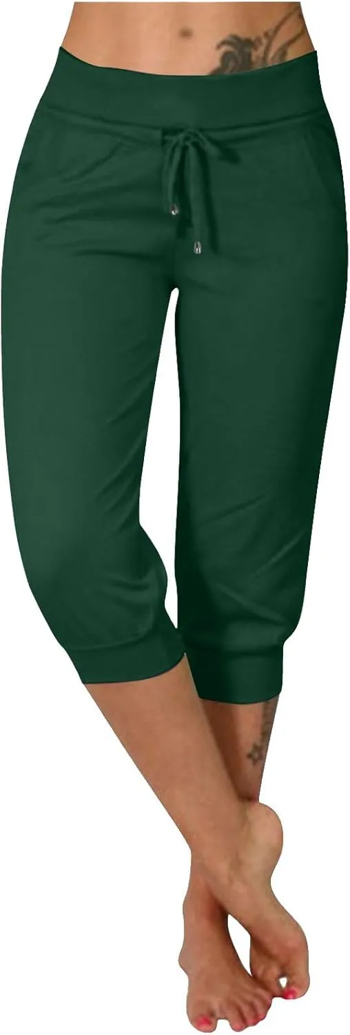 Capri Pants for Women Stretch High Waisted Yoga Pants Casual Summer Drawstring Capris Cropped Trousers with Pockets