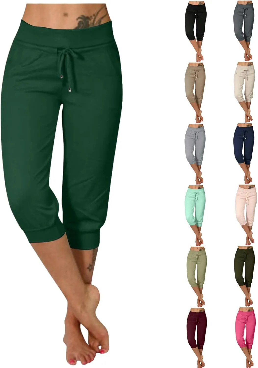 Capri Pants for Women Stretch High Waisted Yoga Pants Casual Summer Drawstring Capris Cropped Trousers with Pockets