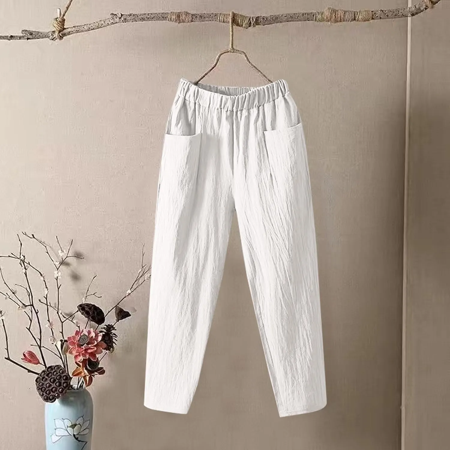 Capri Sweatpants for Women Straight Leg Loose Casual Pants Linen Peasant Lounge