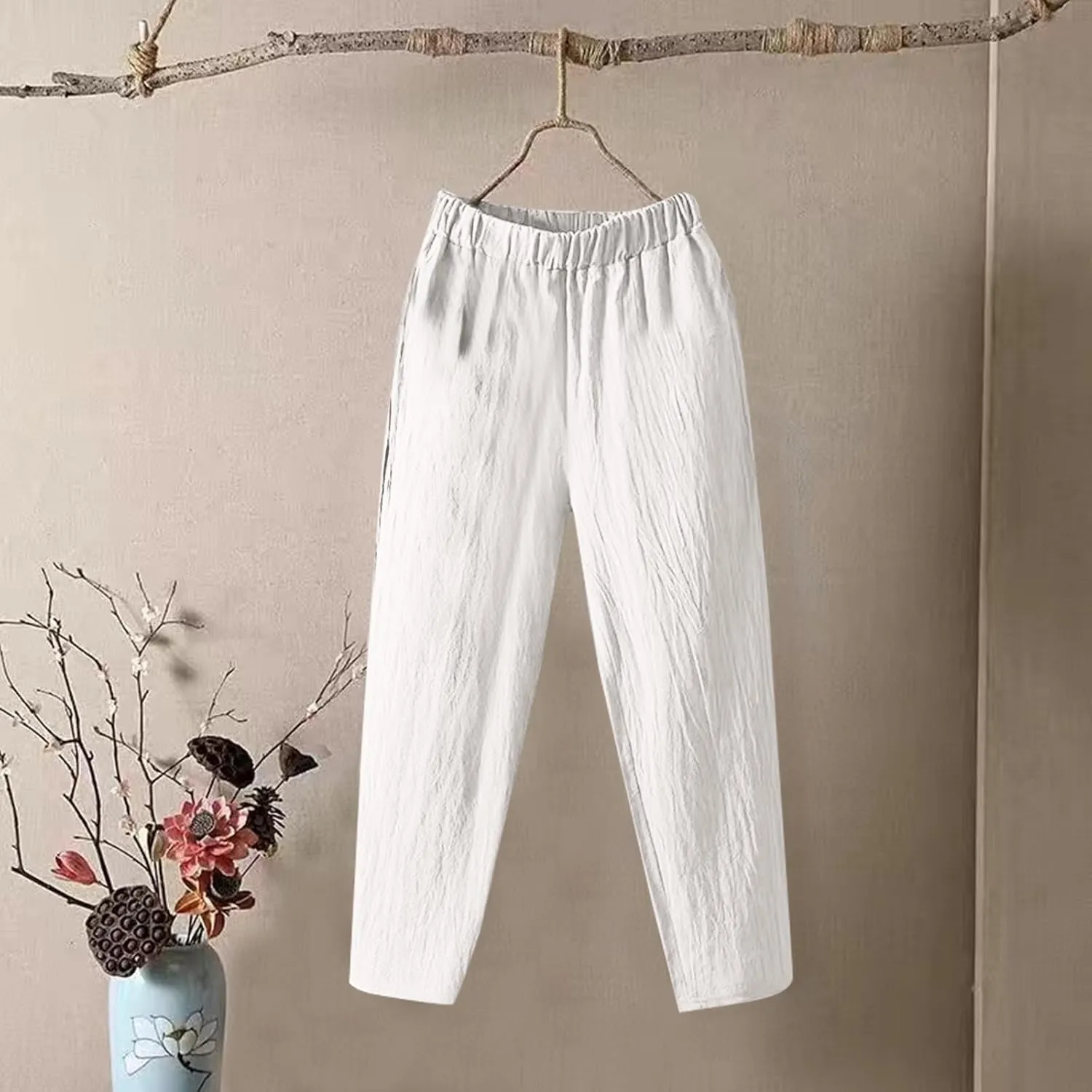 Capri Sweatpants for Women Straight Leg Loose Casual Pants Linen Peasant Lounge