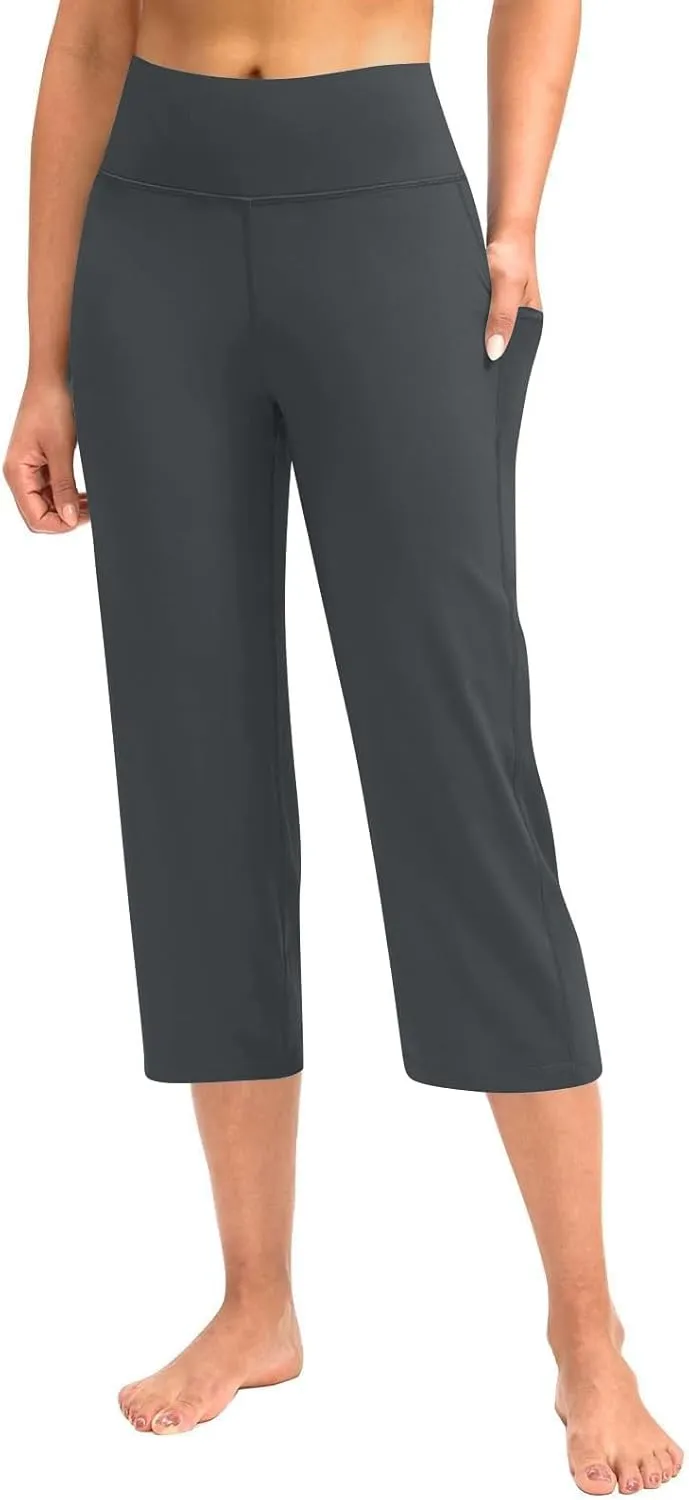 Capri Wide Leg Yoga Pants with Pockets High Waist Slacks for Women Athletic Lounge Sweatpants for Women