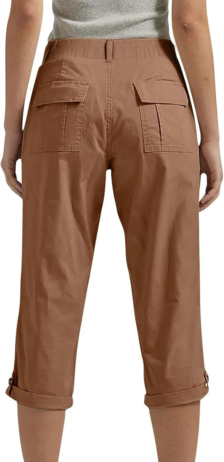 Cargo Capri Pants for Women Dressy Casual High Waisted Capris Summer Loose Elastic Waist Cropped Trouser with Pockets