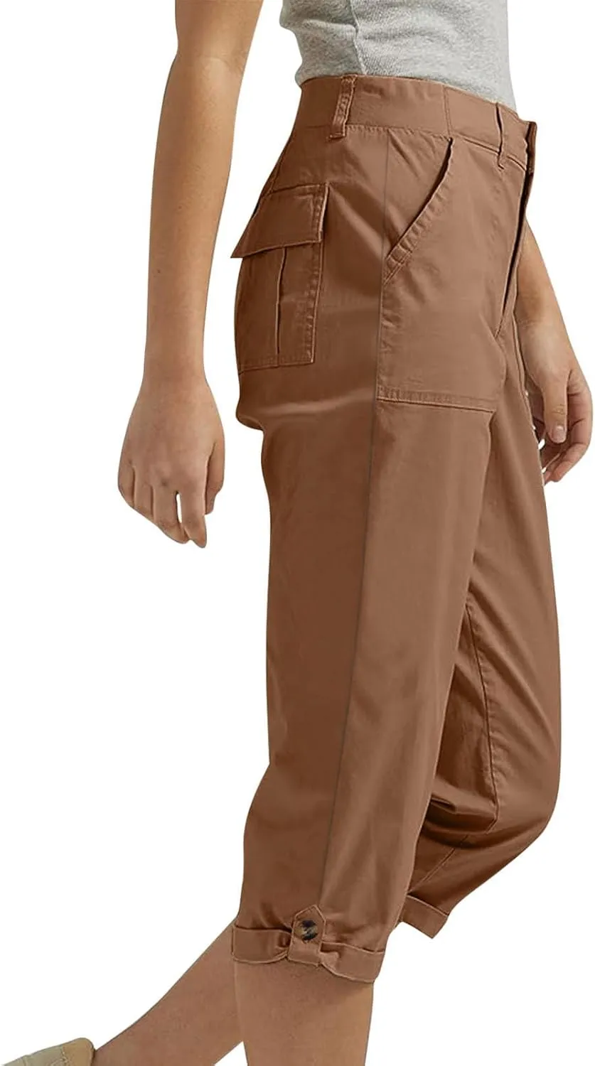 Cargo Capri Pants for Women Dressy Casual High Waisted Capris Summer Loose Elastic Waist Cropped Trouser with Pockets