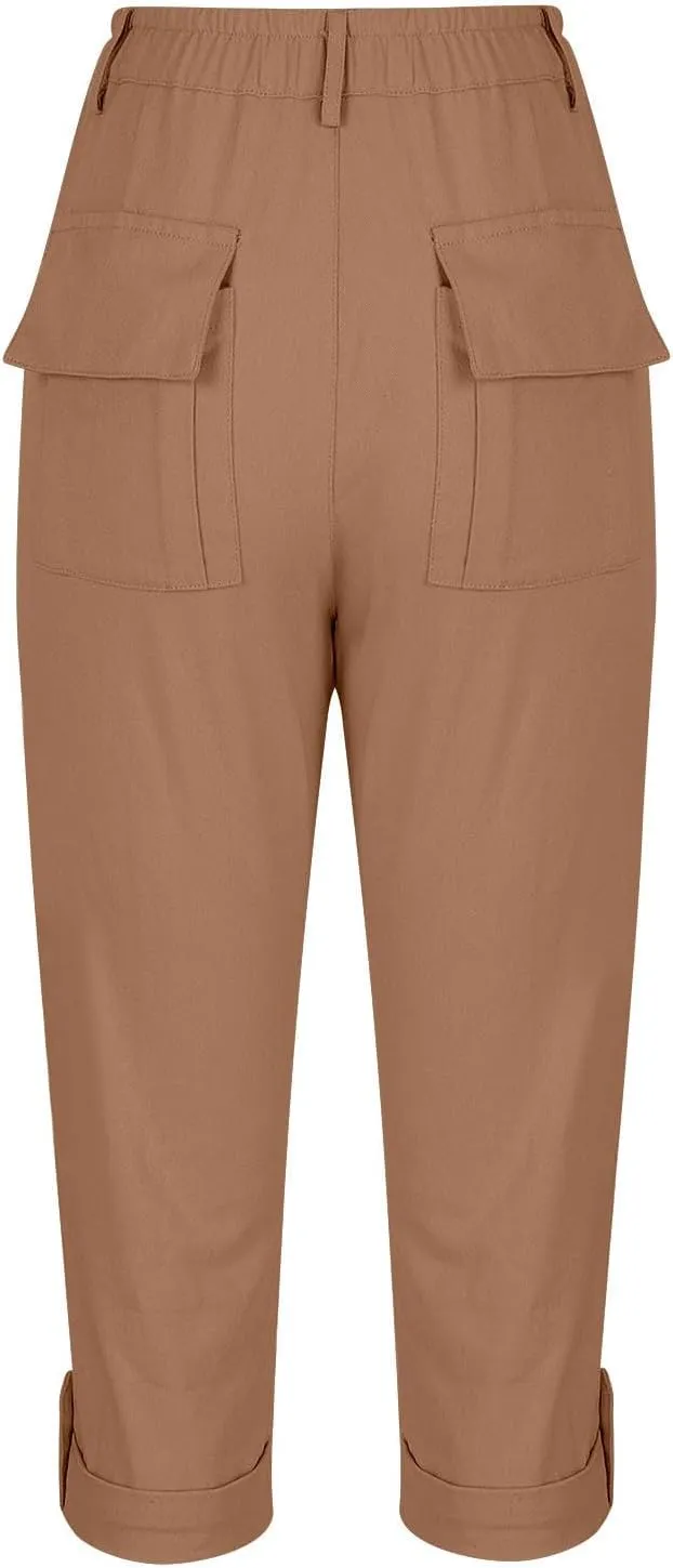 Cargo Capri Pants for Women Dressy Casual High Waisted Capris Summer Loose Elastic Waist Cropped Trouser with Pockets