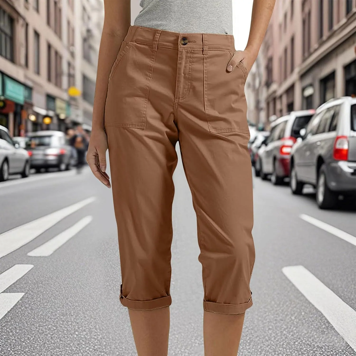 Cargo Capri Pants for Women Dressy Casual High Waisted Capris Summer Loose Elastic Waist Cropped Trouser with Pockets