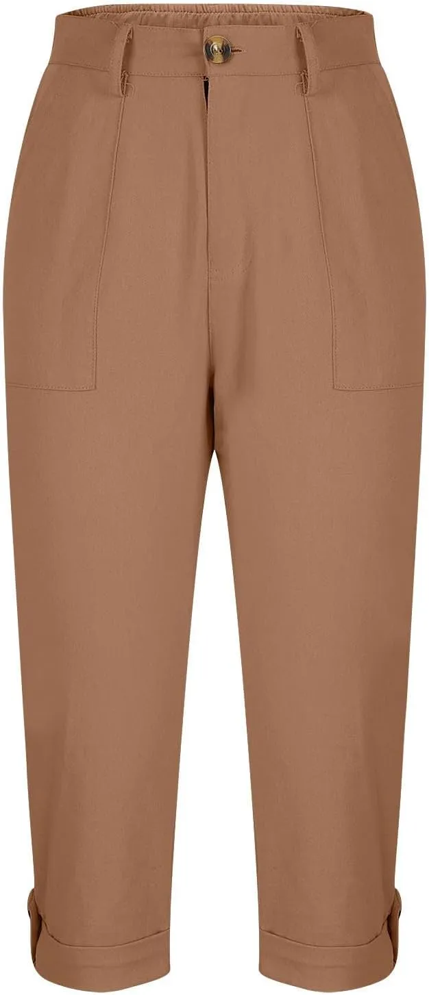 Cargo Capri Pants for Women Dressy Casual High Waisted Capris Summer Loose Elastic Waist Cropped Trouser with Pockets