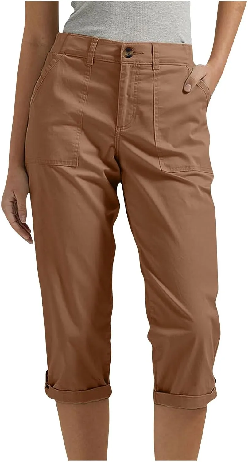 Cargo Capri Pants for Women Dressy Casual High Waisted Capris Summer Loose Elastic Waist Cropped Trouser with Pockets