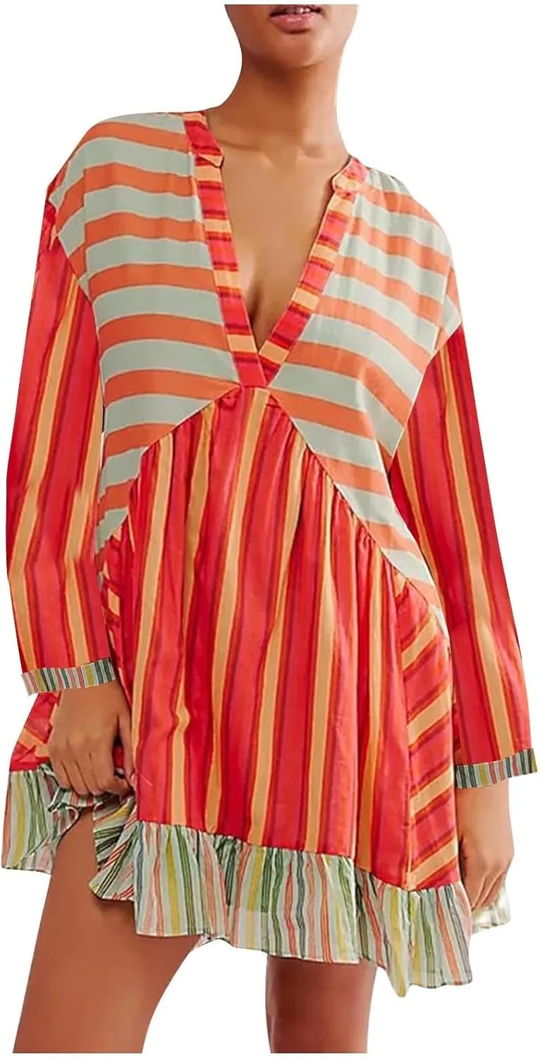 Casual Dresses for Women Long Sleeve Dress for Women Boho Floral Pleated A-Line Swing Flowy Ruffle Mini Dress