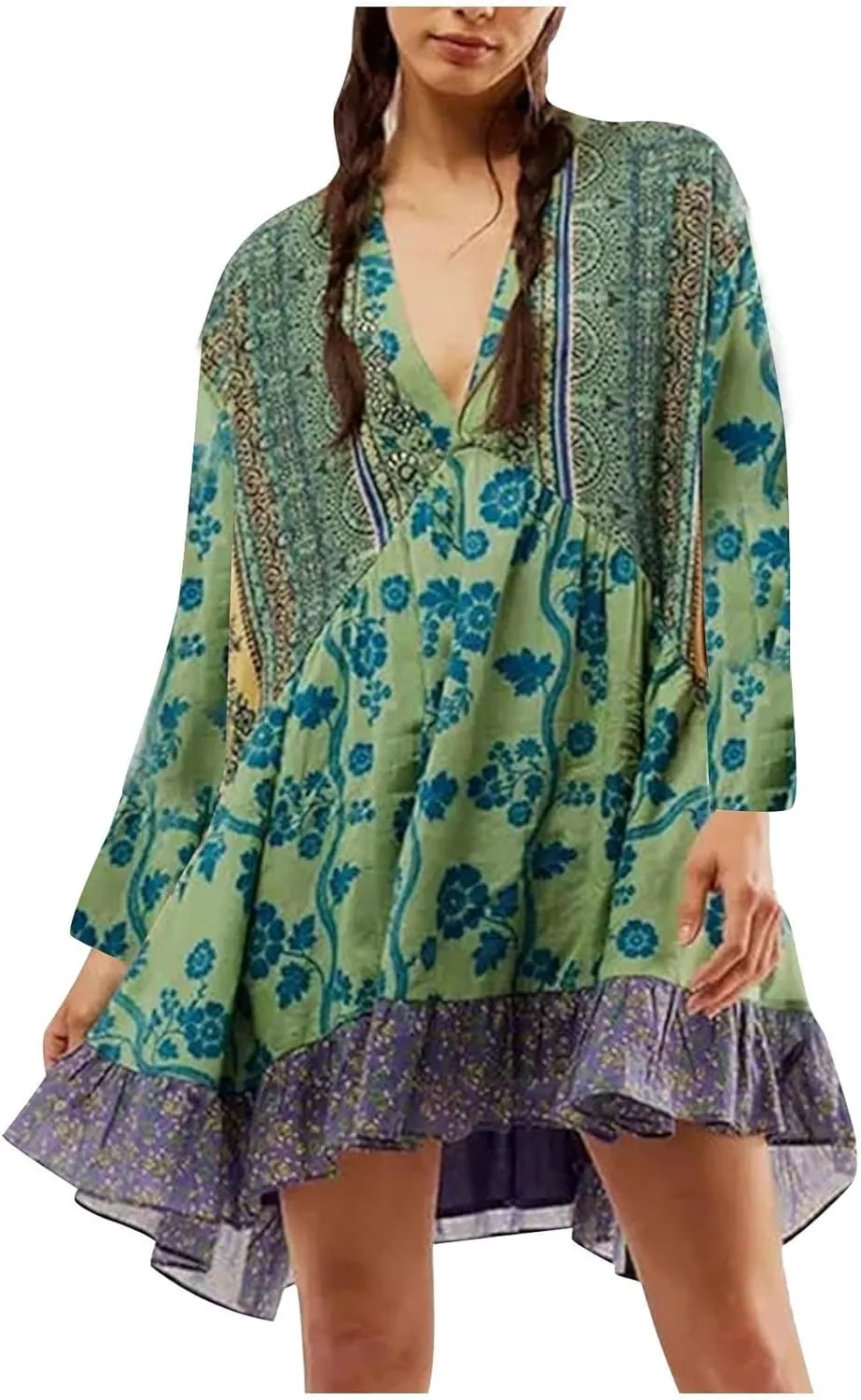 Casual Dresses for Women Long Sleeve Dress for Women Boho Floral Pleated A-Line Swing Flowy Ruffle Mini Dress