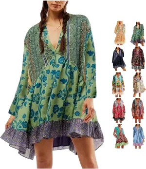 Casual Dresses for Women Long Sleeve Dress for Women Boho Floral Pleated A-Line Swing Flowy Ruffle Mini Dress