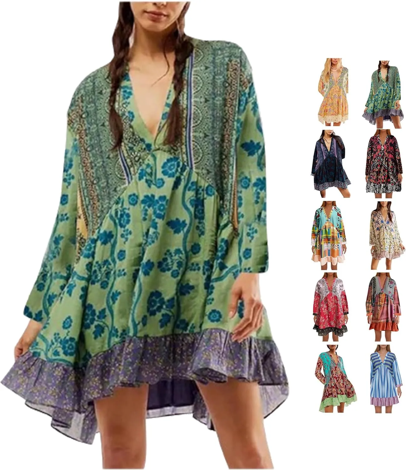 Casual Dresses for Women Long Sleeve Dress for Women Boho Floral Pleated A-Line Swing Flowy Ruffle Mini Dress