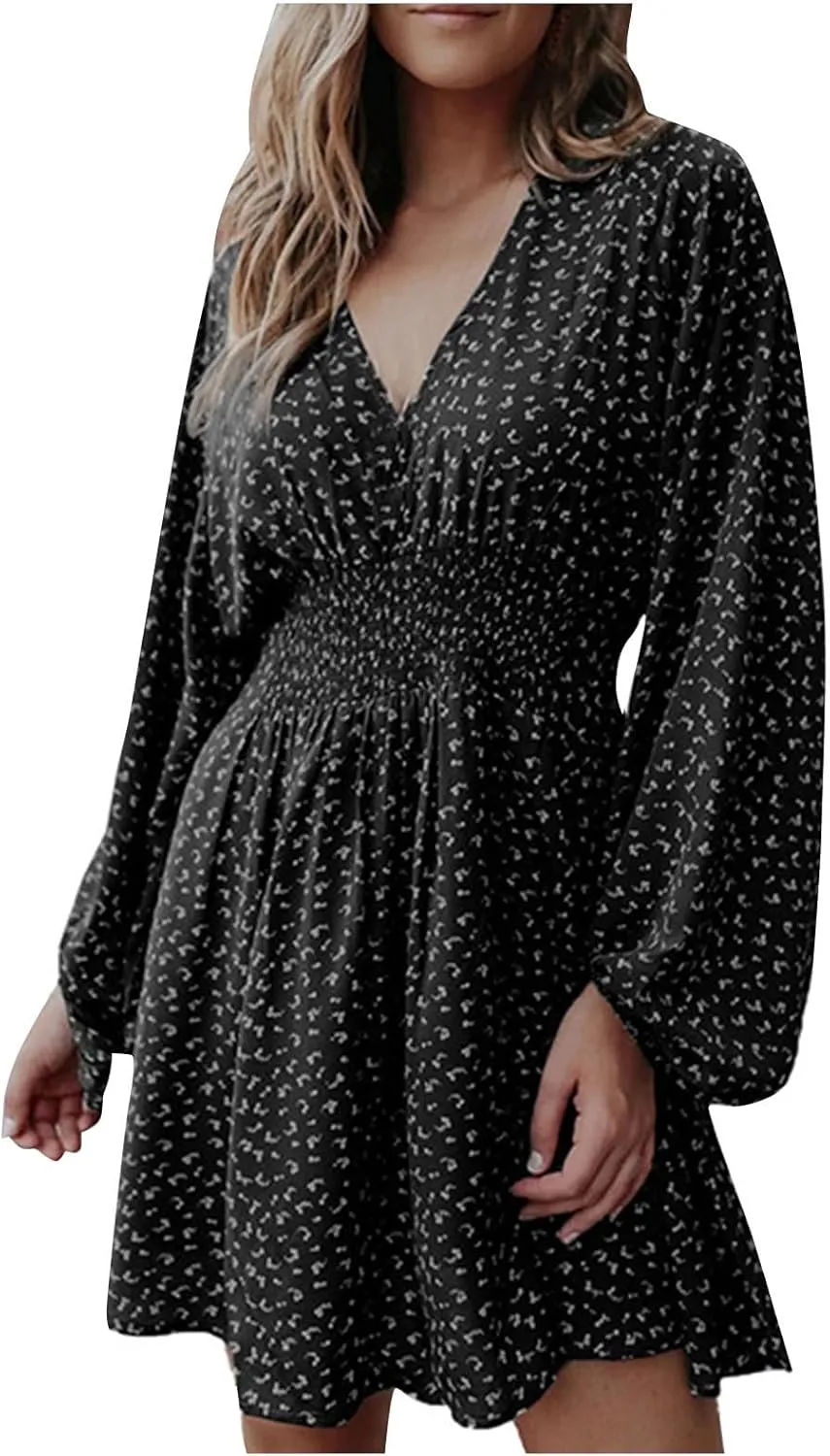 Casual Dresses for Women Long Sleeve Dress for Women V Neck Tie Waist Ruffle Patterned Boho A-Line Mini Dresses