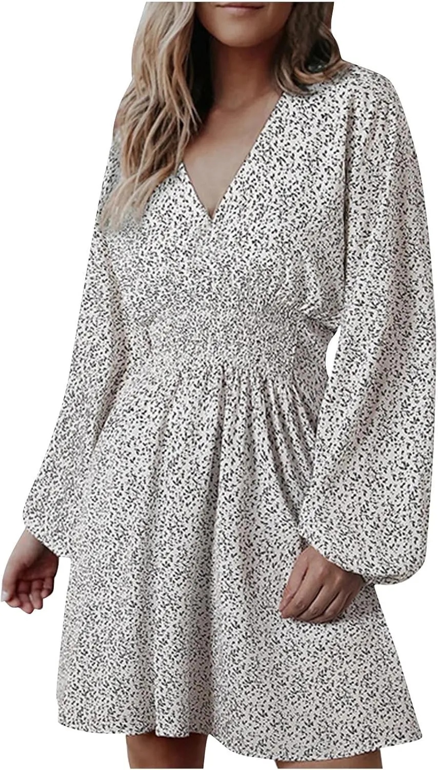 Casual Dresses for Women Long Sleeve Dress for Women V Neck Tie Waist Ruffle Patterned Boho A-Line Mini Dresses