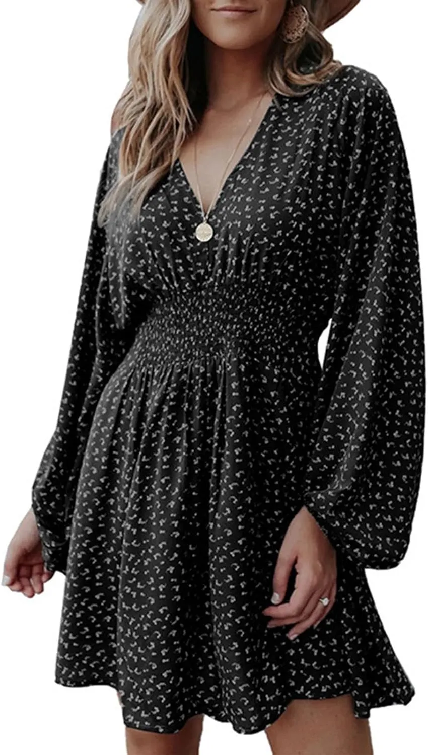 Casual Dresses for Women Long Sleeve Dress for Women V Neck Tie Waist Ruffle Patterned Boho A-Line Mini Dresses