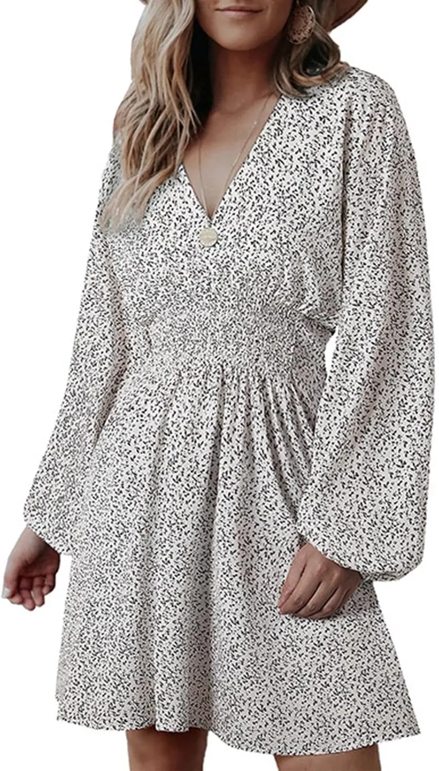 Casual Dresses for Women Long Sleeve Dress for Women V Neck Tie Waist Ruffle Patterned Boho A-Line Mini Dresses