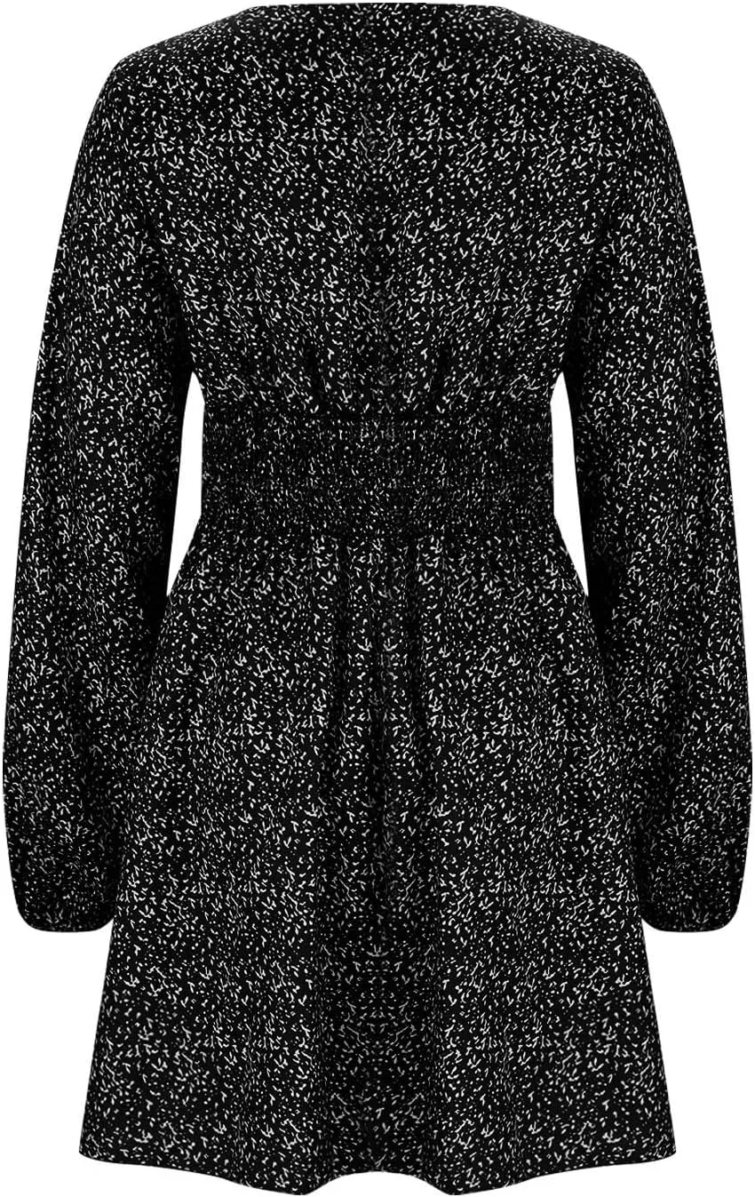 Casual Dresses for Women Long Sleeve Dress for Women V Neck Tie Waist Ruffle Patterned Boho A-Line Mini Dresses