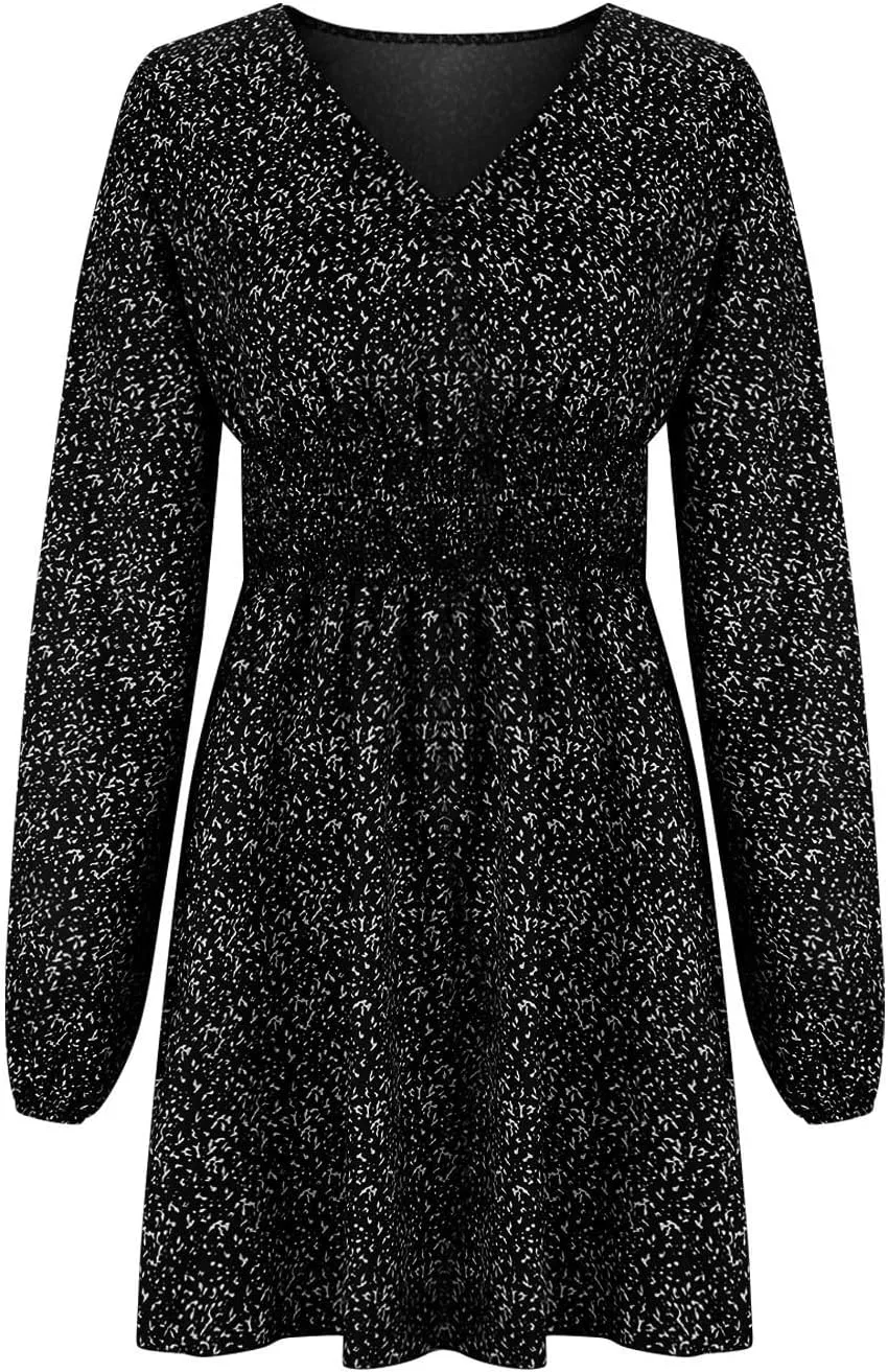 Casual Dresses for Women Long Sleeve Dress for Women V Neck Tie Waist Ruffle Patterned Boho A-Line Mini Dresses