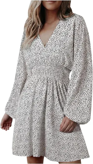 Casual Dresses for Women Long Sleeve Dress for Women V Neck Tie Waist Ruffle Patterned Boho A-Line Mini Dresses