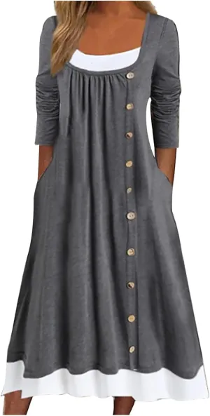 Casual Dresses for Women Long Sleeve Square Neck Buttoned Pleated Midi Dress 2024 Fall Fashion Patchwork Swing Dresses
