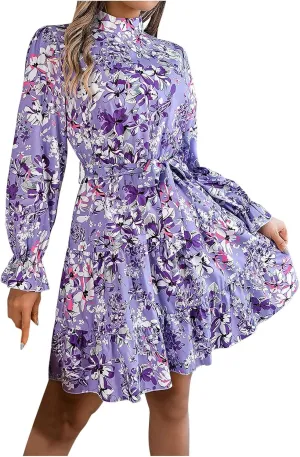 Casual Dresses for Women Ruffle Long Sleeve Dress for Women Crew Neck Boho Swing Flowy Pleated Mini Dress