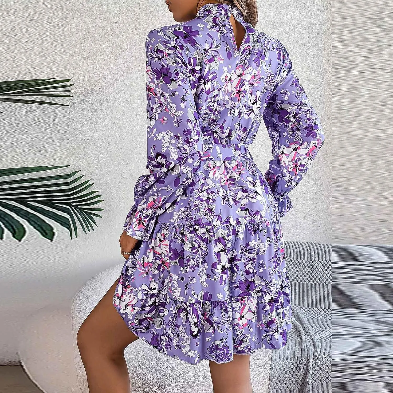 Casual Dresses for Women Ruffle Long Sleeve Dress for Women Crew Neck Boho Swing Flowy Pleated Mini Dress