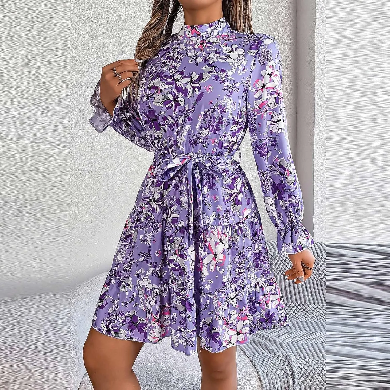 Casual Dresses for Women Ruffle Long Sleeve Dress for Women Crew Neck Boho Swing Flowy Pleated Mini Dress