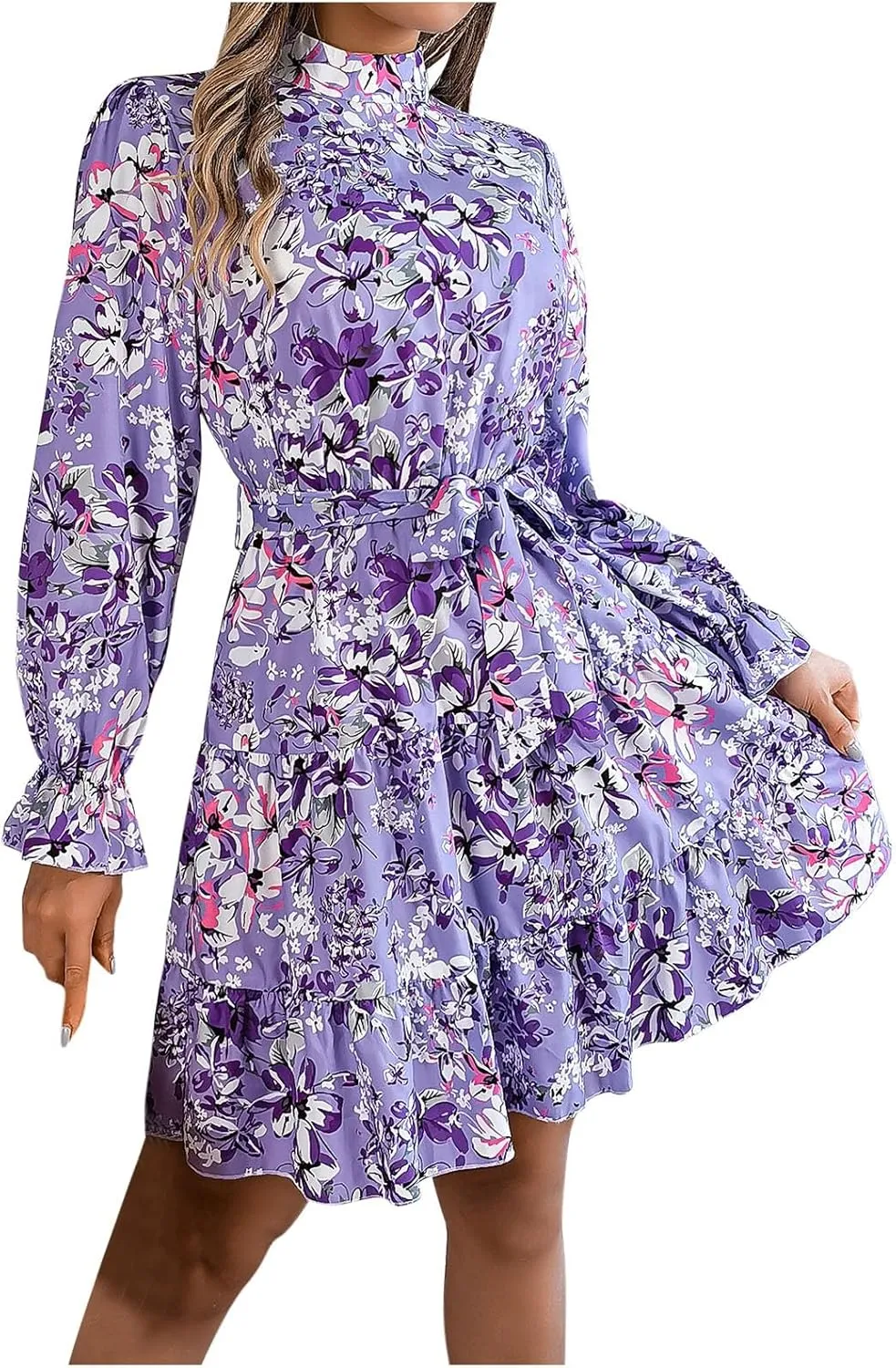 Casual Dresses for Women Ruffle Long Sleeve Dress for Women Crew Neck Boho Swing Flowy Pleated Mini Dress