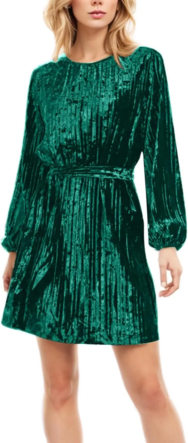 Casual Dresses for Women Womens Long Sleeve Dress Crew Neck Tie Waist A-Line Ruffle Swing Mini Dresses for Women