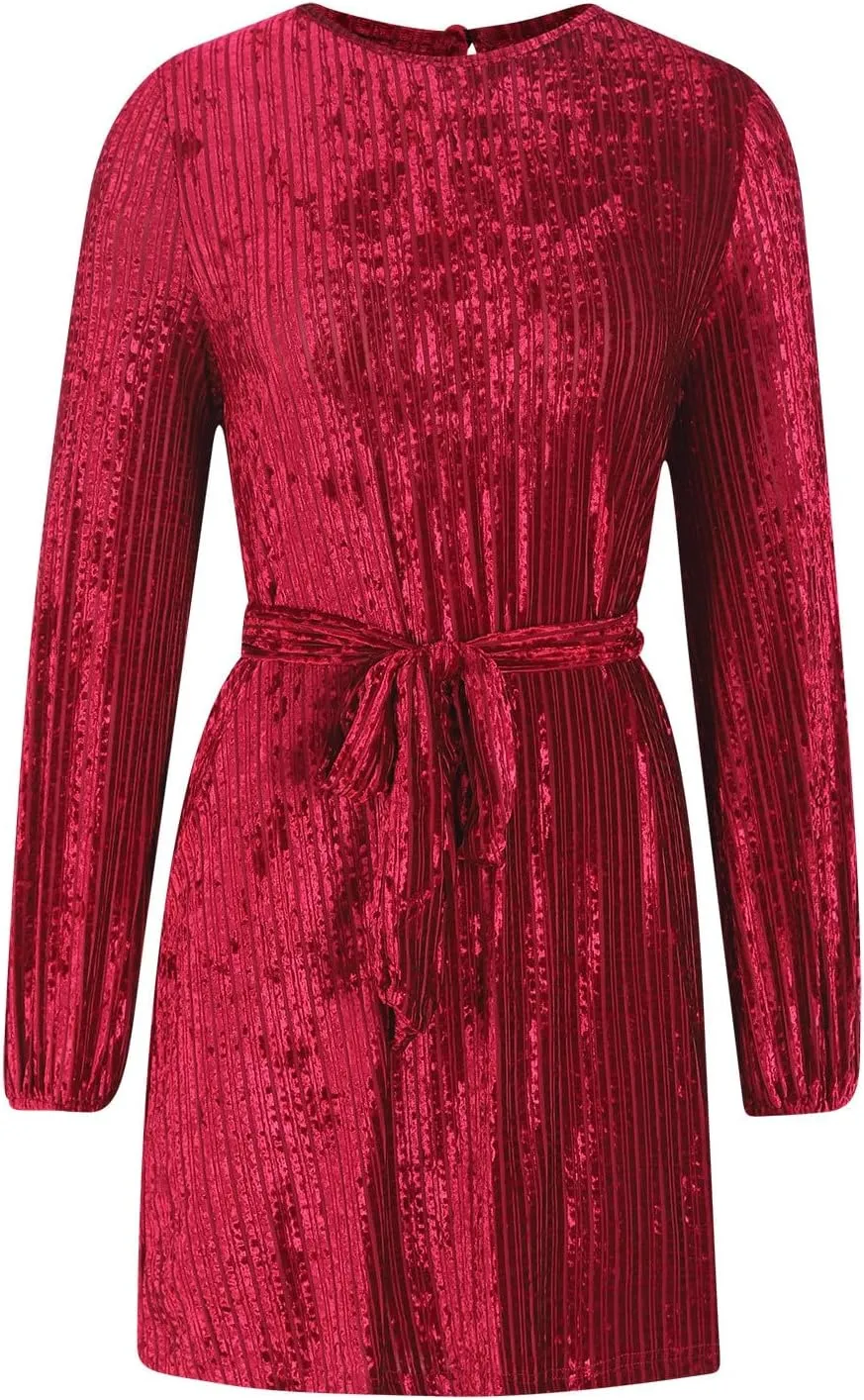 Casual Dresses for Women Womens Long Sleeve Dress Crew Neck Tie Waist A-Line Ruffle Swing Mini Dresses for Women