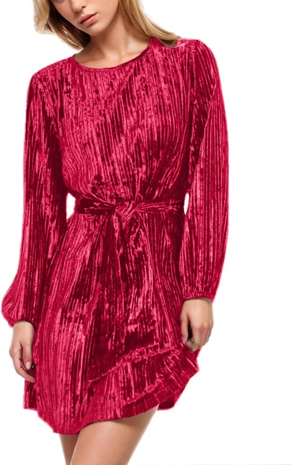 Casual Dresses for Women Womens Long Sleeve Dress Crew Neck Tie Waist A-Line Ruffle Swing Mini Dresses for Women