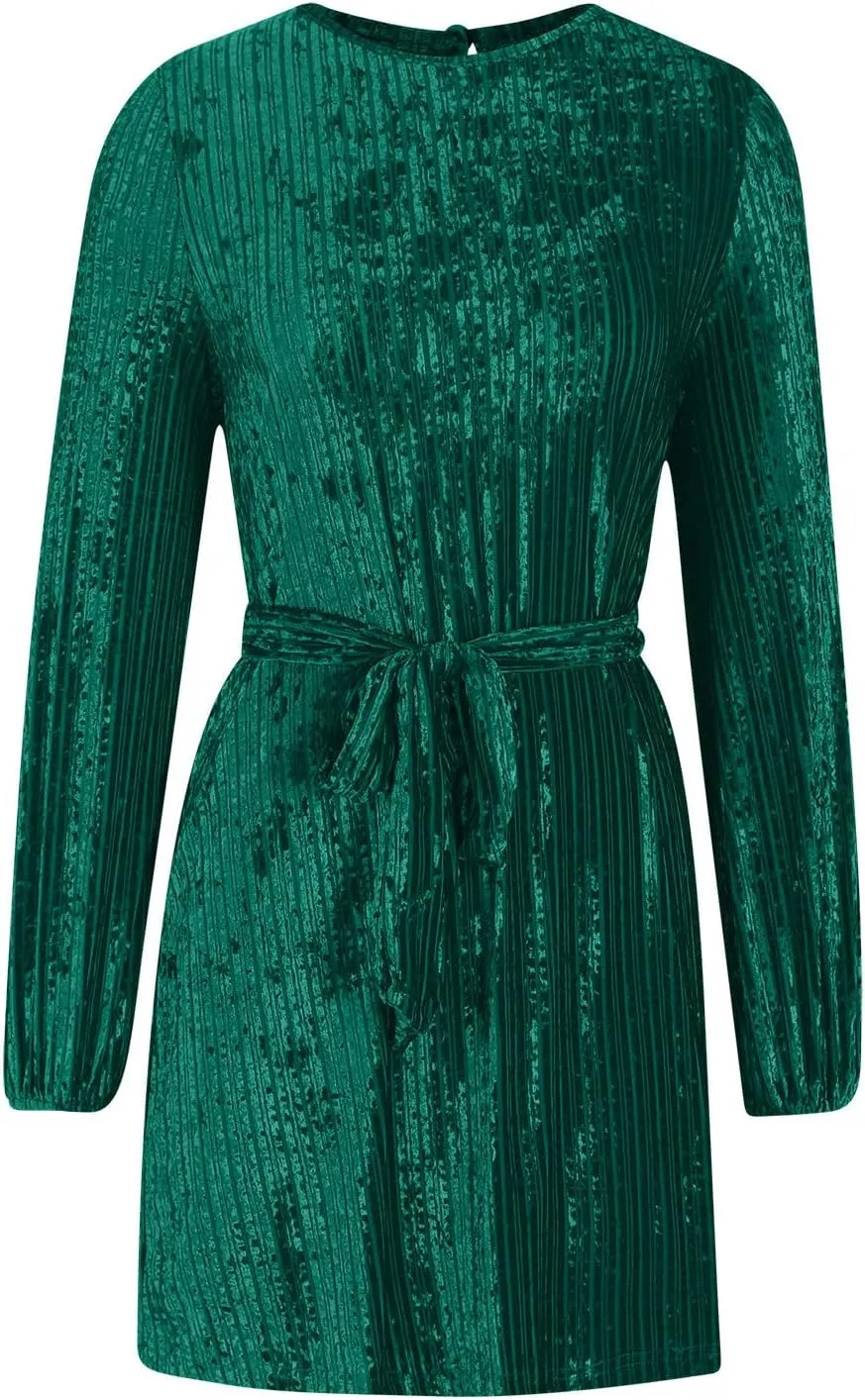 Casual Dresses for Women Womens Long Sleeve Dress Crew Neck Tie Waist A-Line Ruffle Swing Mini Dresses for Women