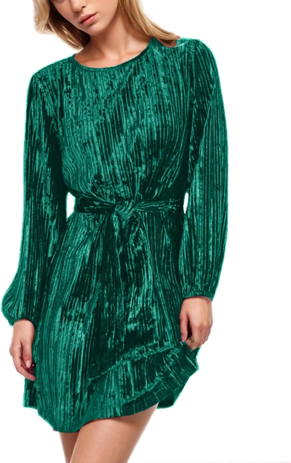 Casual Dresses for Women Womens Long Sleeve Dress Crew Neck Tie Waist A-Line Ruffle Swing Mini Dresses for Women