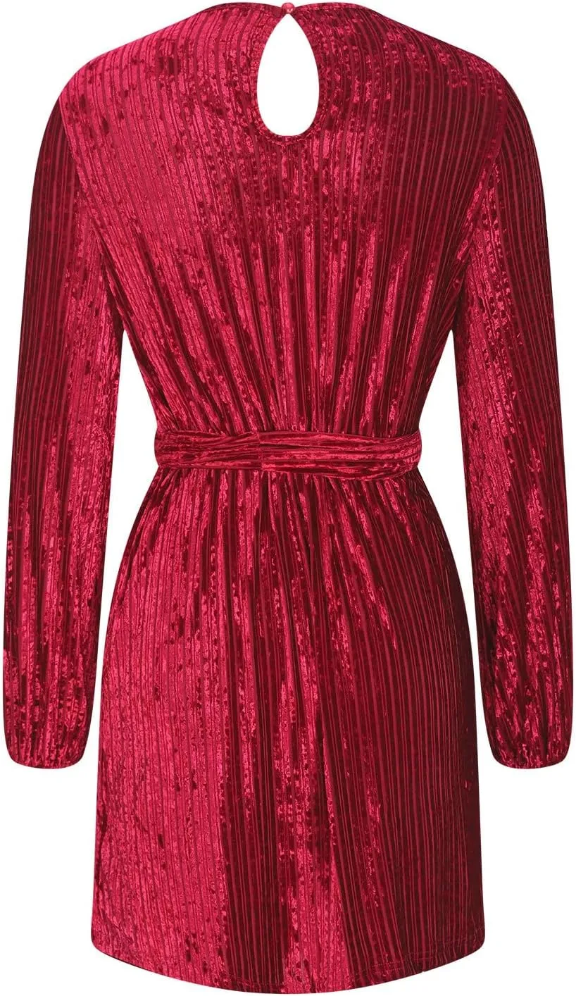 Casual Dresses for Women Womens Long Sleeve Dress Crew Neck Tie Waist A-Line Ruffle Swing Mini Dresses for Women