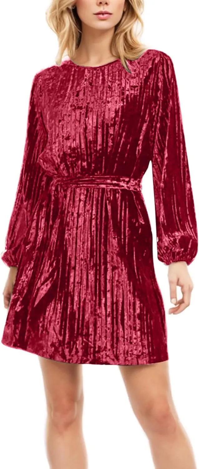 Casual Dresses for Women Womens Long Sleeve Dress Crew Neck Tie Waist A-Line Ruffle Swing Mini Dresses for Women