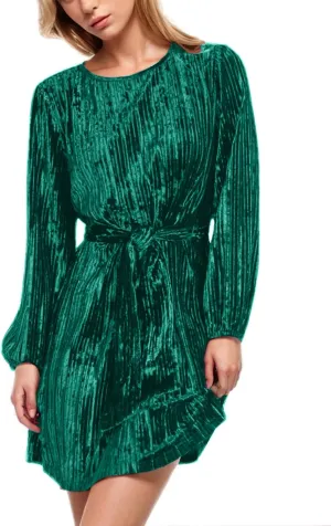 Casual Dresses for Women Womens Long Sleeve Dress Crew Neck Tie Waist A-Line Ruffle Swing Mini Dresses for Women